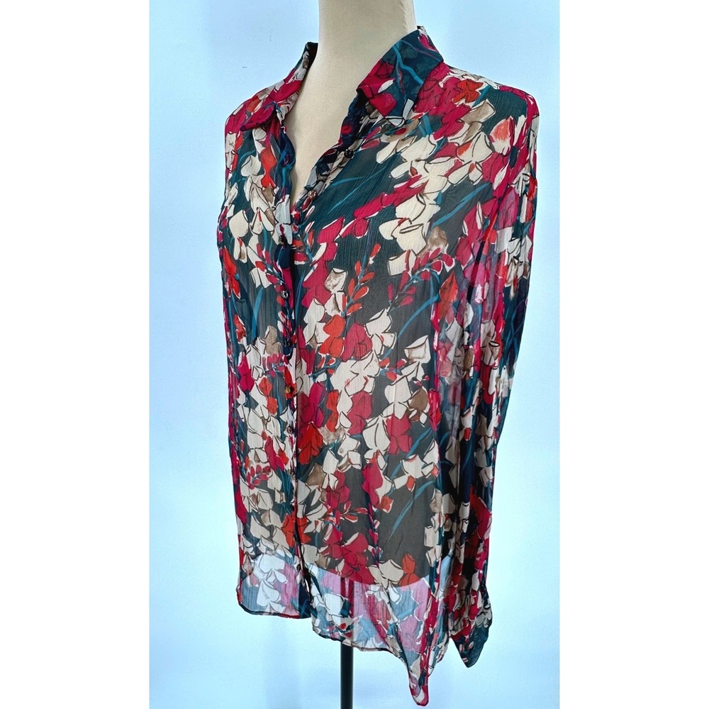 Elie Tahari Red Teal Floral 100% Silk Sheer Crinkle Blouse E80ERB08
